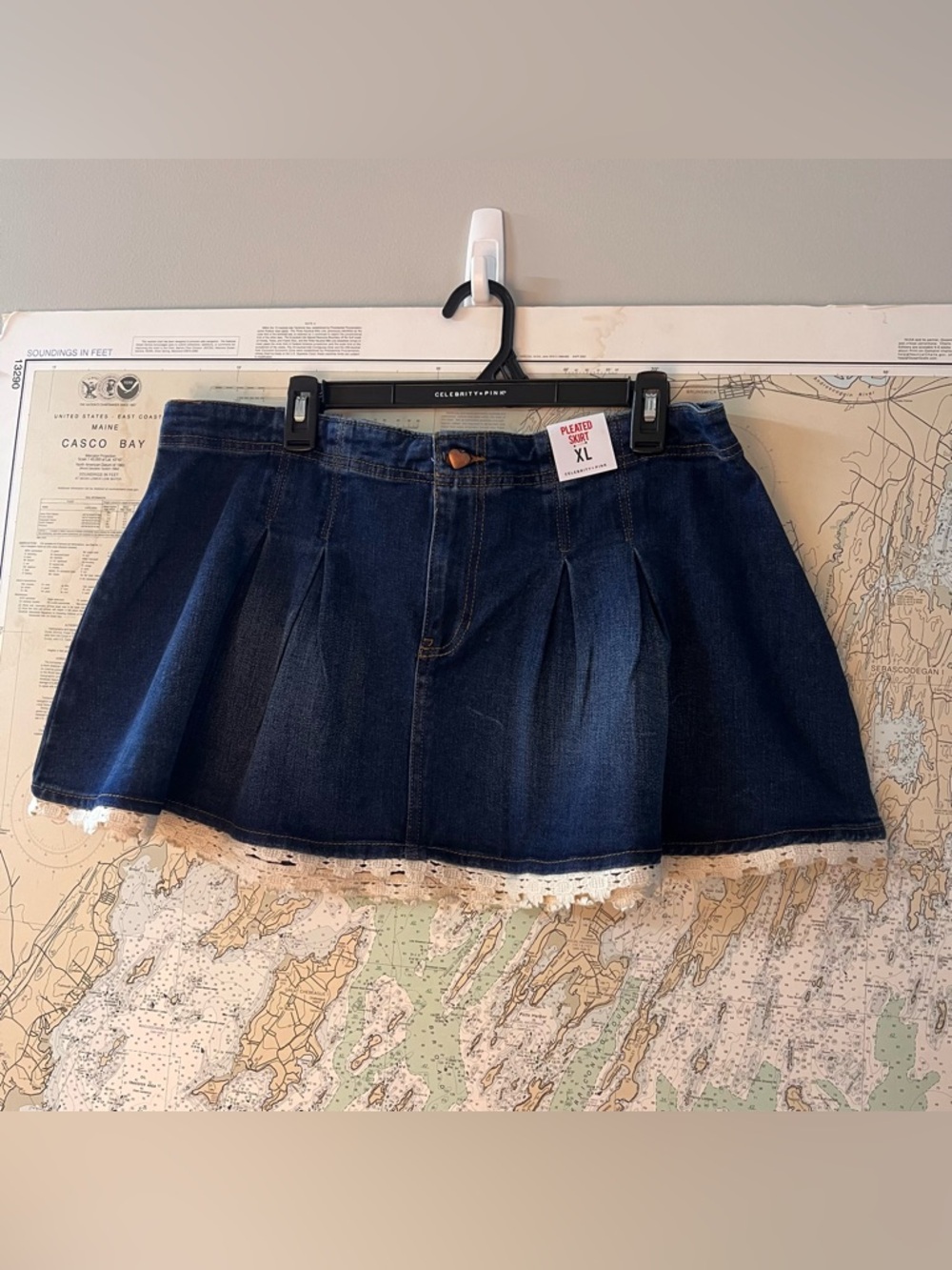 NWT! Pleated Skirt By Celebrity Pink Skirt Size XL Denim Pleated Lace Hem Mini
